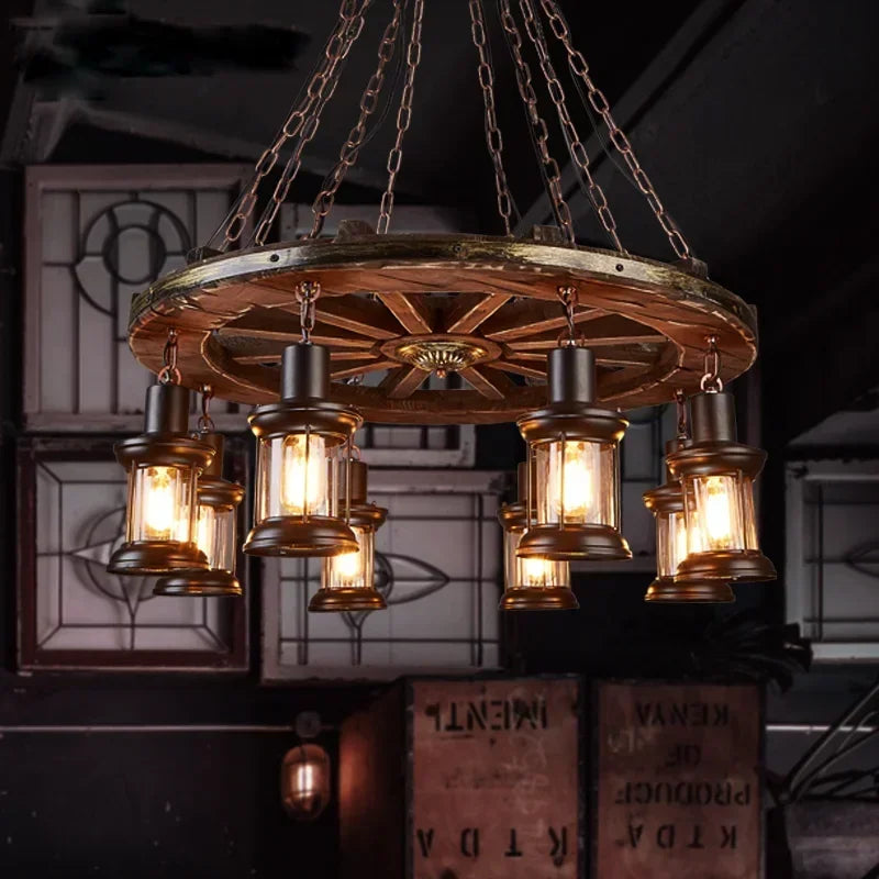 Lustre roue de charrette en bois à lanternes, 1 à 8 lumières E27