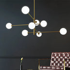 Lustre à globes opalins sur tige rigide, 6 ou 8 globes, noir ou doré