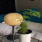 Lampe de chevet champignon en verre opalin rose ou jaune, pied chromé