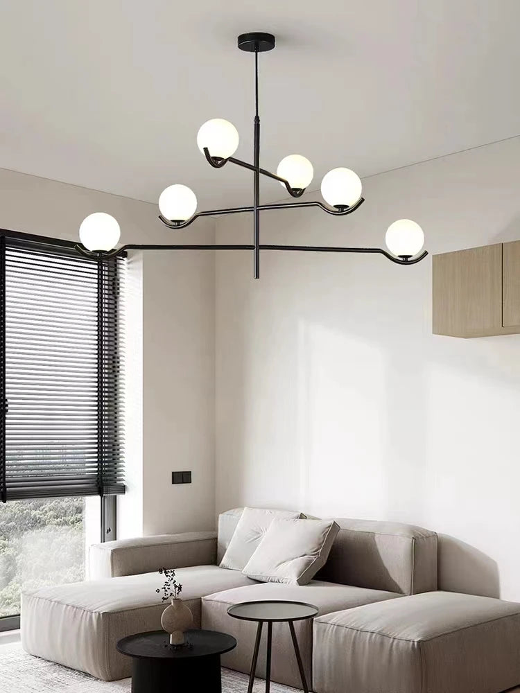 Lustre à globes opalins sur bras décalés, noir ou doré, 3 à 6 globes