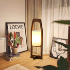 Lampadaire lanterne en bois d'hévéa et abat-jour en tissu, 58 à 100 cm