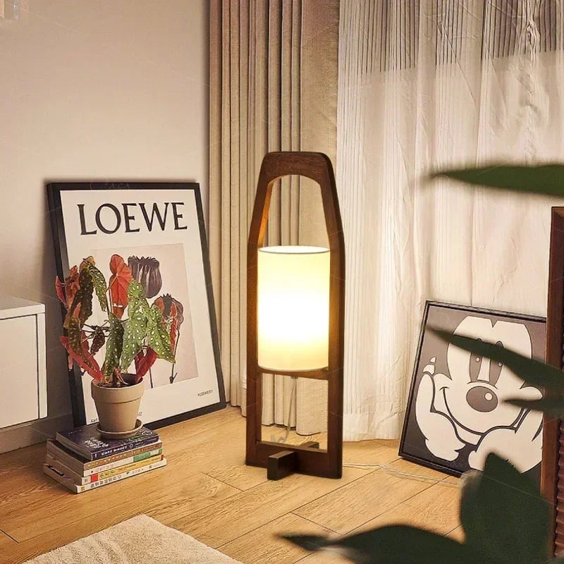 Lampadaire lanterne en bois d'hévéa et abat-jour en tissu, 58 à 100 cm