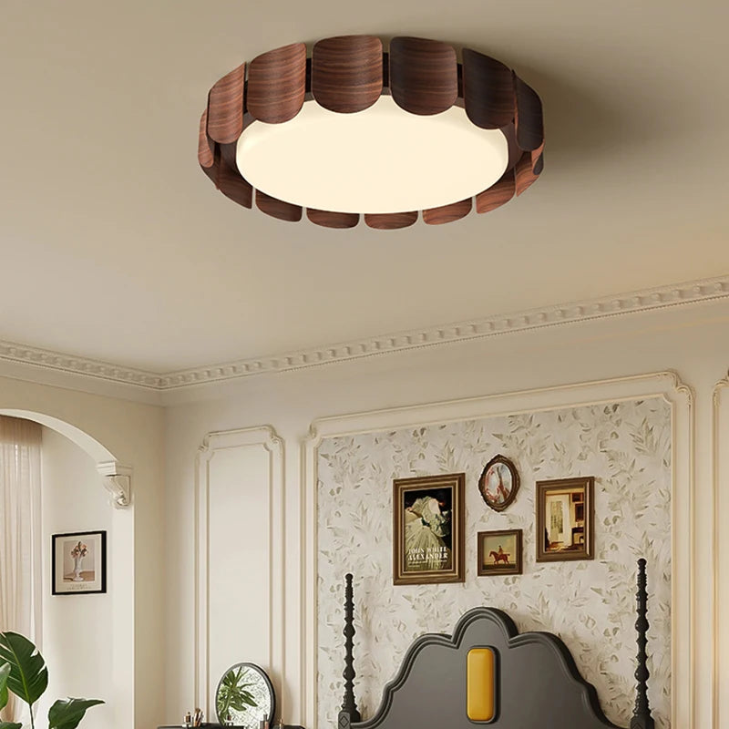 Plafonnier à pétales en bois ton noyer Ø 50 cm, LED trois teintes