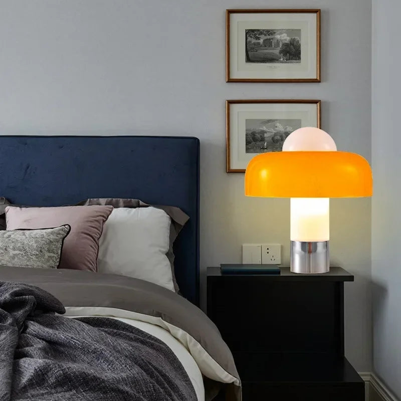 Lampe champignon en verre orange ou blanc, pied chromé, 35 cm