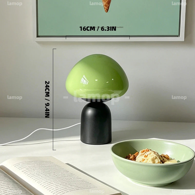 Lampe champignon en verre coloré sur pied cloche noir, câble USB