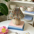 Lampe de chevet vichy ou fleurie, pied boule en rotin tressé, 28 cm