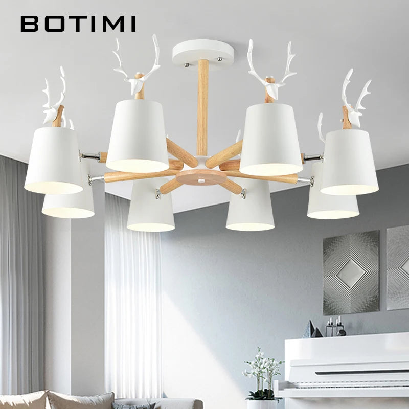 Lustre nordique en bois et ramures de cerf, abat-jour métal, E27