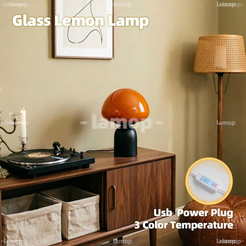 Lampe champignon en verre coloré sur pied cloche noir, câble USB