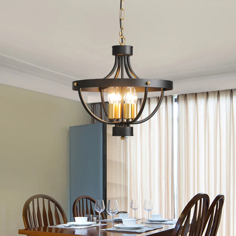 Lustre cage en fer noir à 4 bougies E14, suspendu ou plafonnier