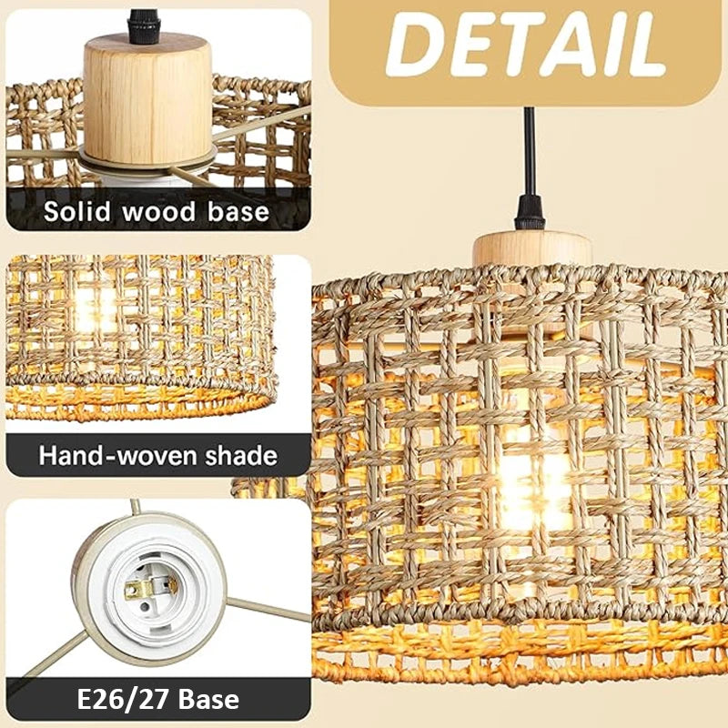Suspension tambour en paille tressée, Ø 30 cm, rosace en bois