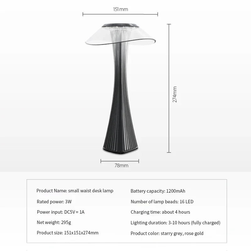 Lampe de table sans fil en sablier, abat-jour acrylique transparent