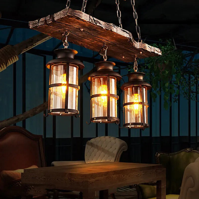 Lustre planche en bois vieilli à 2 ou 3 lanternes en fer et verre