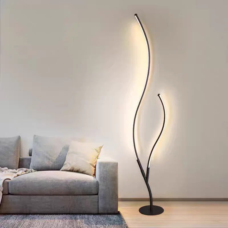 Lampadaire LED sculpture à deux tiges lumineuses ondulées, 145 cm