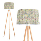 Lampadaire trépied en bois massif, abat-jour tambour blanc ou fleuri