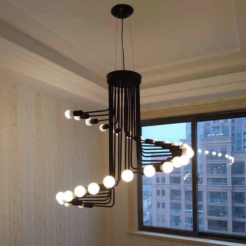 Lustre spirale en fer noir à 16 ou 26 lumières, douilles E27