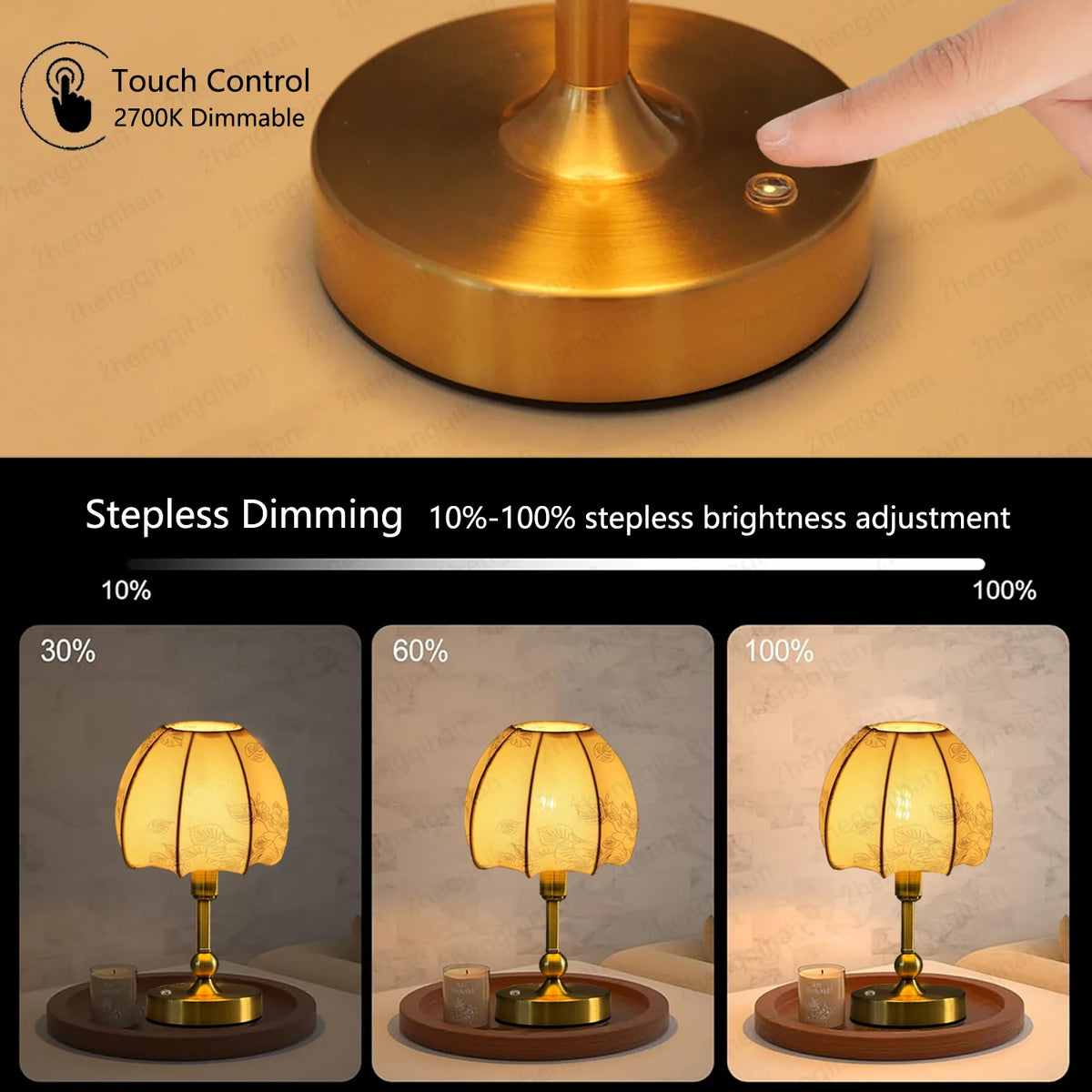 Lampe de chevet sans fil rechargeable, tactile, pied doré rétro