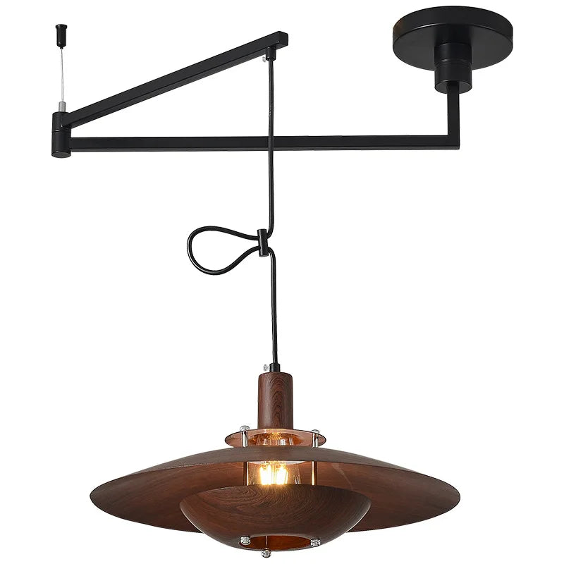 Suspension déportée soucoupe effet bois et bras noir, Ø 40 cm