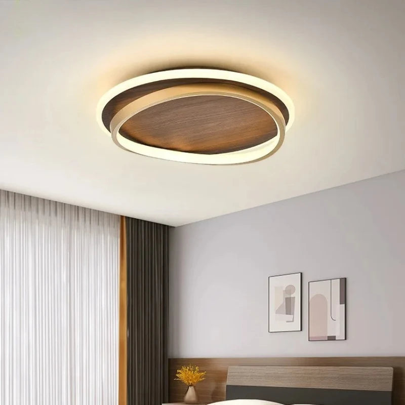 Plafonnier LED anneaux dorés et disque effet noyer, Ø 37 à 57 cm