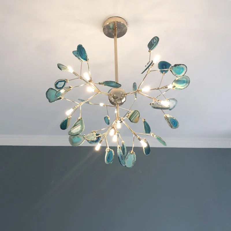 Lustre luciole en métal doré et tranches d'agate colorées, 15 modèles