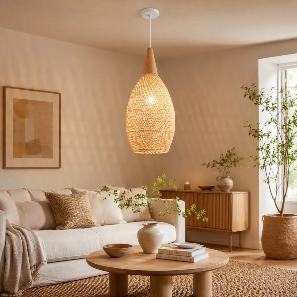 Suspension goutte en rotin et bois clair, Ø 25 ou 35 cm, câble 150 cm