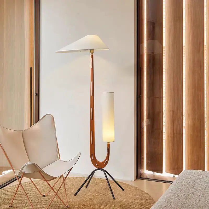 Lampadaire en bois courbé en U avec tablette, abat-jour en tissu