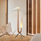 Lampadaire en bois courbé en U avec tablette, abat-jour en tissu