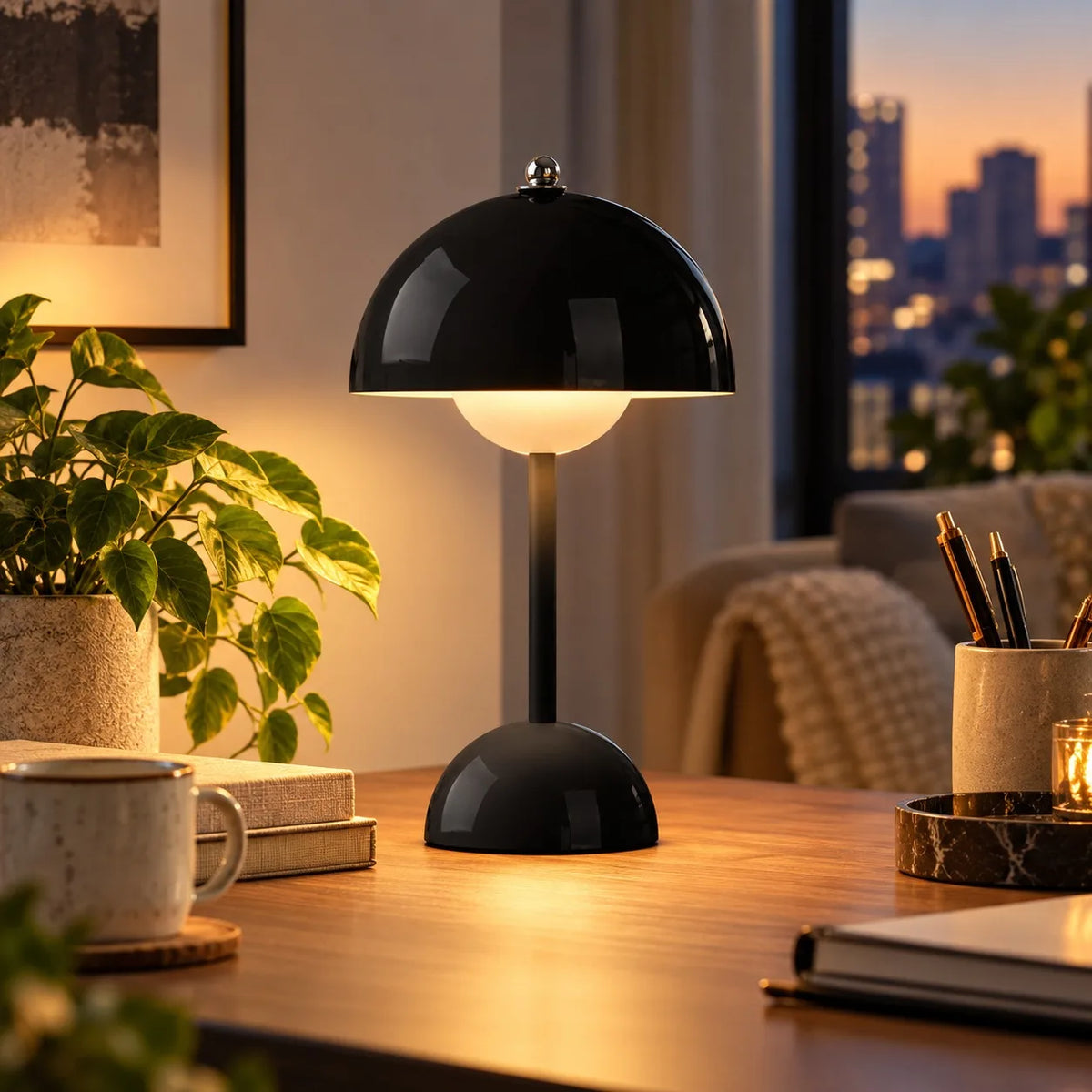 Lampe champignon rétro laquée au chapeau arrondi