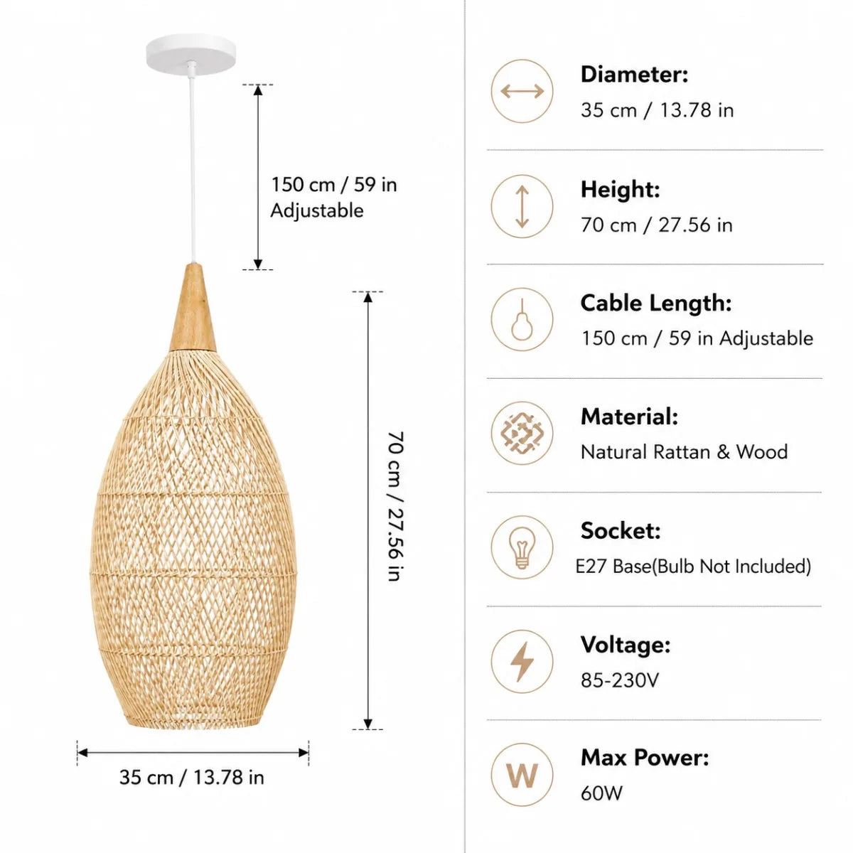 Suspension goutte en rotin et bois clair, Ø 25 ou 35 cm, câble 150 cm