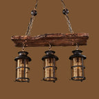 Lustre planche en bois vieilli à 2 ou 3 lanternes en fer et verre
