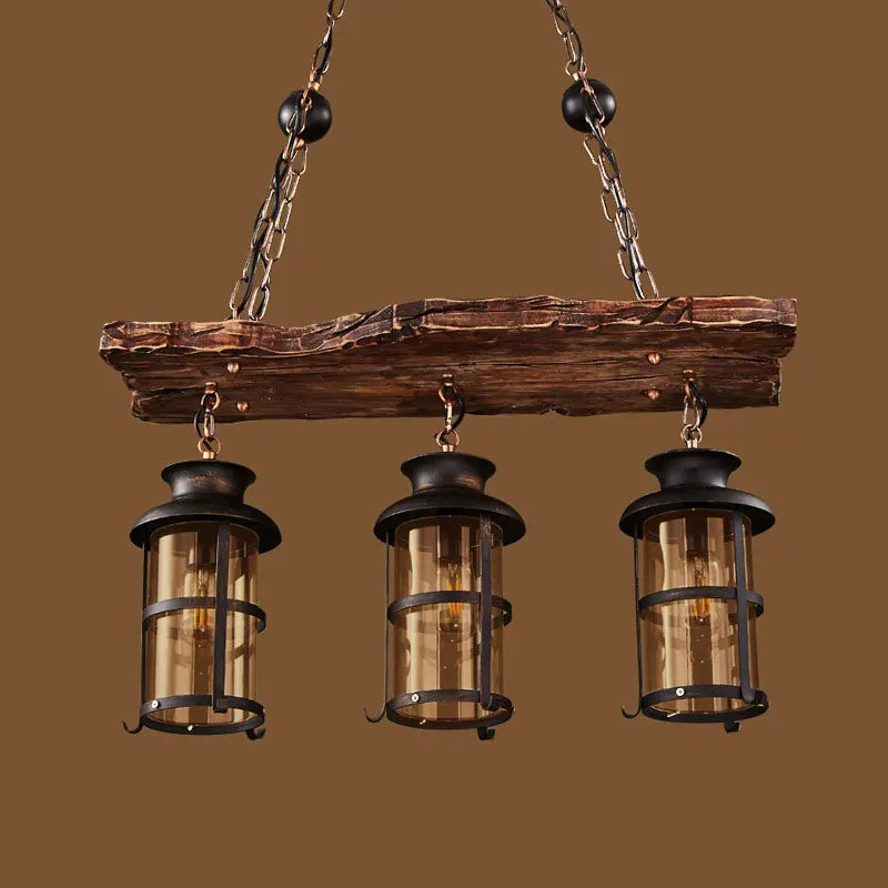 Lustre planche en bois vieilli à 2 ou 3 lanternes en fer et verre
