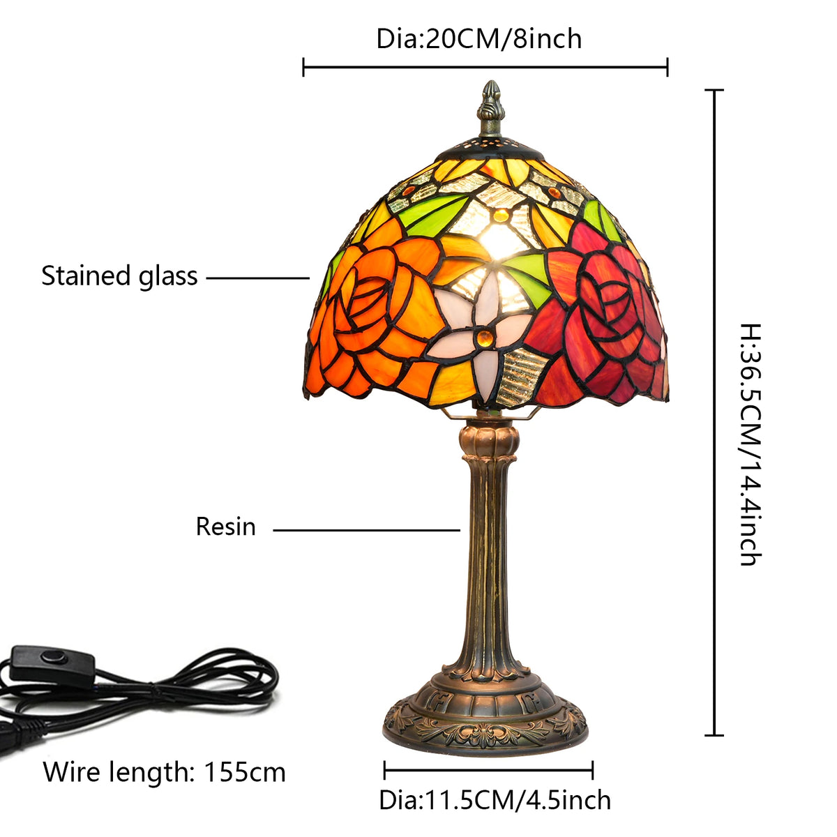 Lampe de chevet style Tiffany en vitrail à roses rouges et orangées
