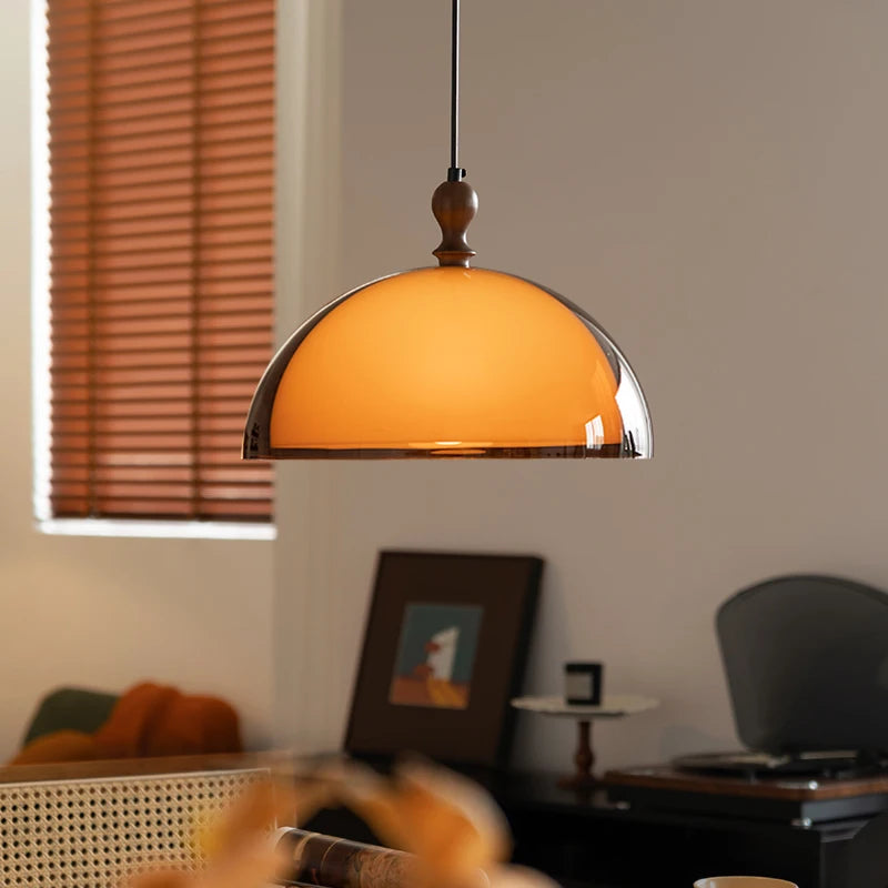 Suspension dôme orange rétro à pommeau effet bois, Ø 35 cm