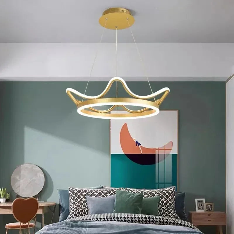 Lustre couronne LED pour chambre de princesse, rose ou doré