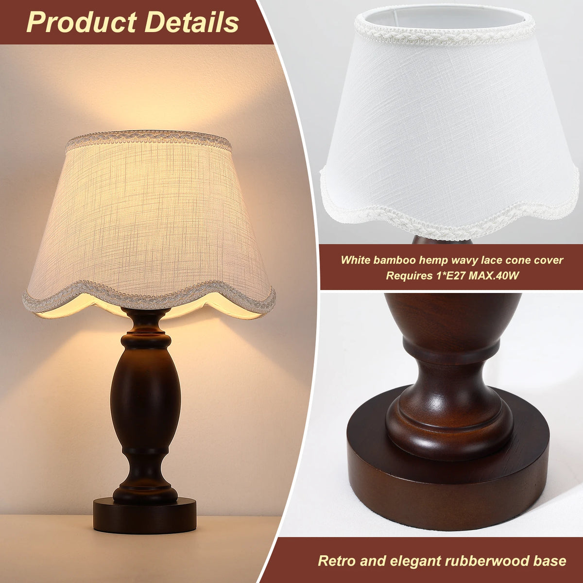 Lampe de chevet pied en bois tourné, abat-jour blanc festonné, E27
