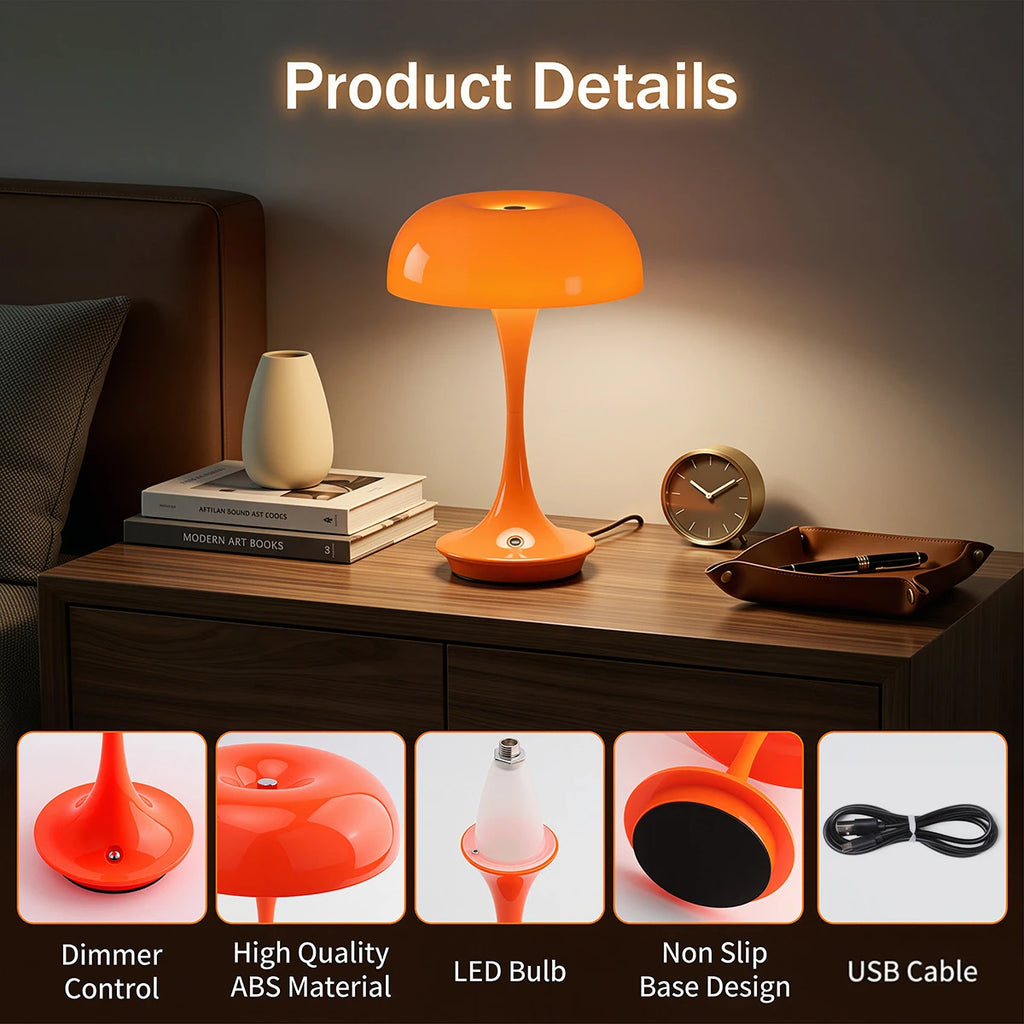 Lampe de chevet champignon sans fil orange ou blanche, 24 cm