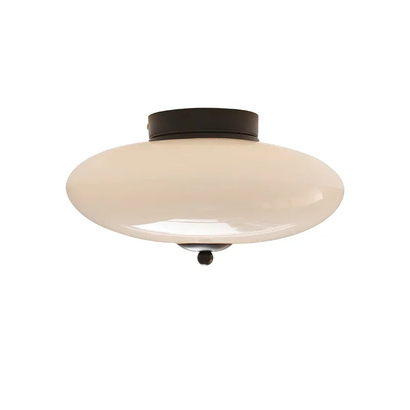 Plafonnier Bauhaus en verre opalin, embase dorée, argentée ou noire