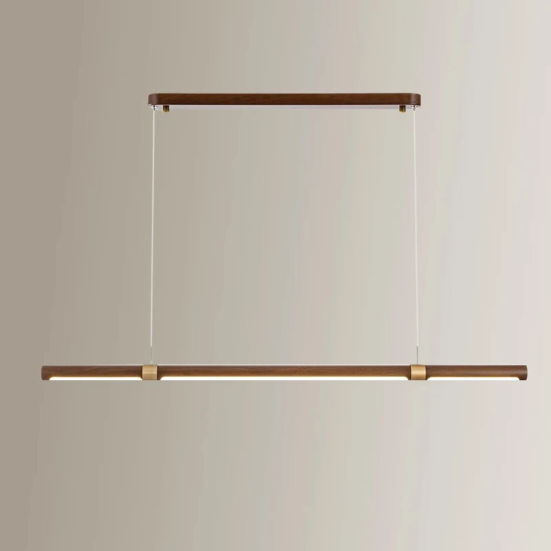 Suspension LED tube en bois et bagues dorées, 90 à 180 cm