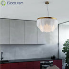 Lustre plumes et anneau doré Ø 40 ou 50 cm, blanc, gris ou rose