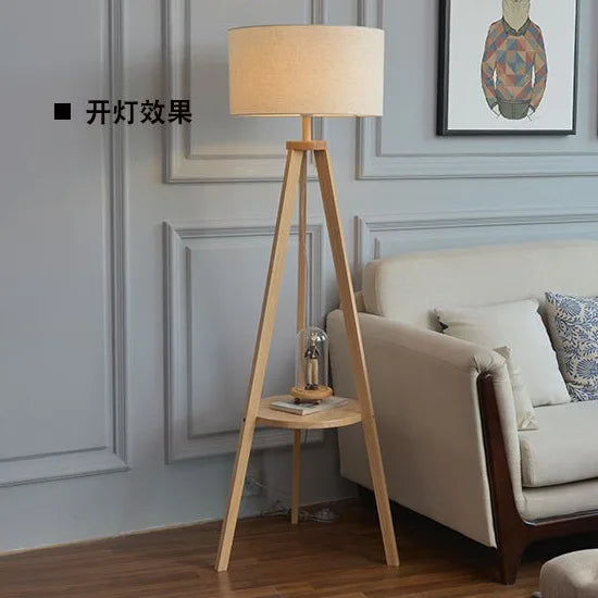 Lampadaire trépied en bois avec tablette, abat-jour tissu 152 cm
