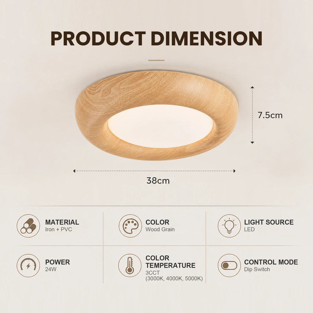 Plafonnier LED rond effet bois Ø 38 cm, 24 W, trois teintes réglables