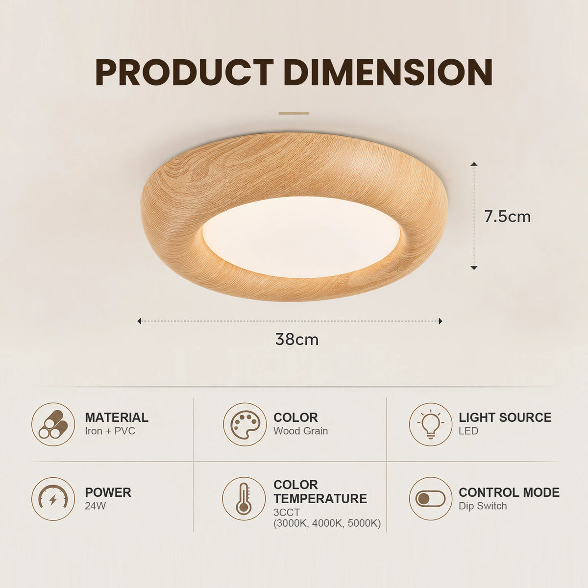 Plafonnier LED rond effet bois Ø 38 cm, 24 W, trois teintes réglables