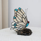 Lampe papillon style Tiffany en vitrail crème et bleu, socle à roses