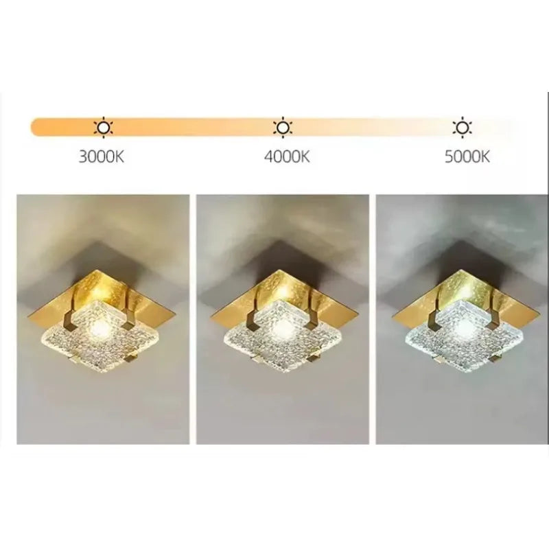 Plafonnier LED carré en verre texturé et plaque dorée, 15 à 25 cm