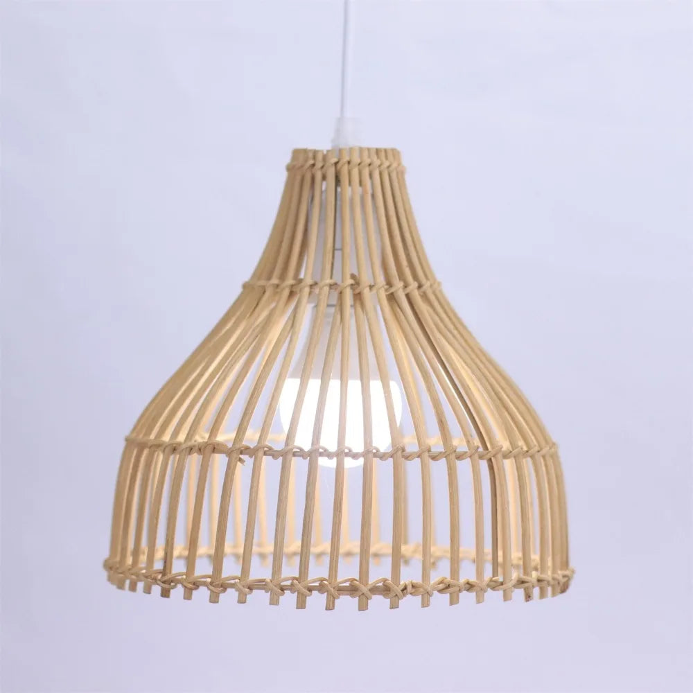 Petite suspension tulipe en lattes de rotin Ø 24 cm, rosace bois