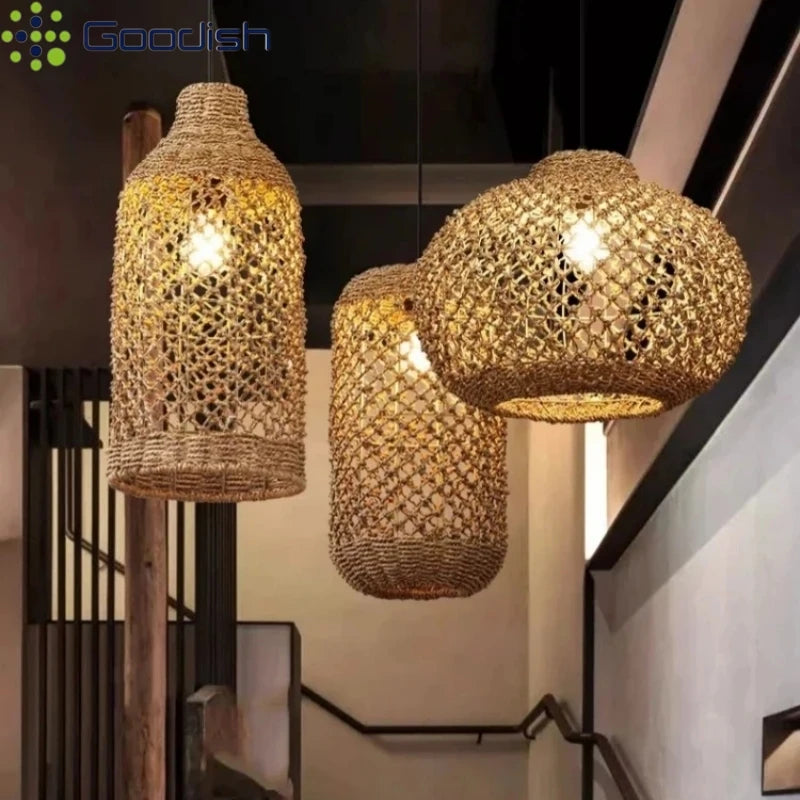 Lustre en osier noué en filet, 12 formes de Ø 15 à 40 cm
