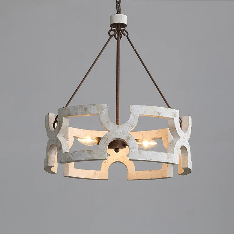 Lustre couronne en bois ajouré de 50 cm, 3 lumières E14 patinées