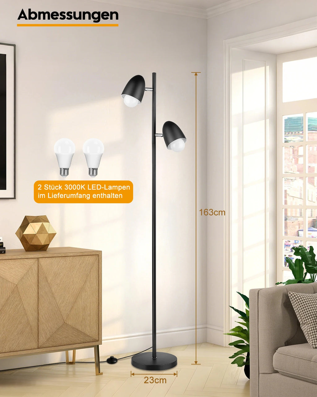 Lampadaire noir à deux têtes orientables, 163 cm, ampoules fournies
