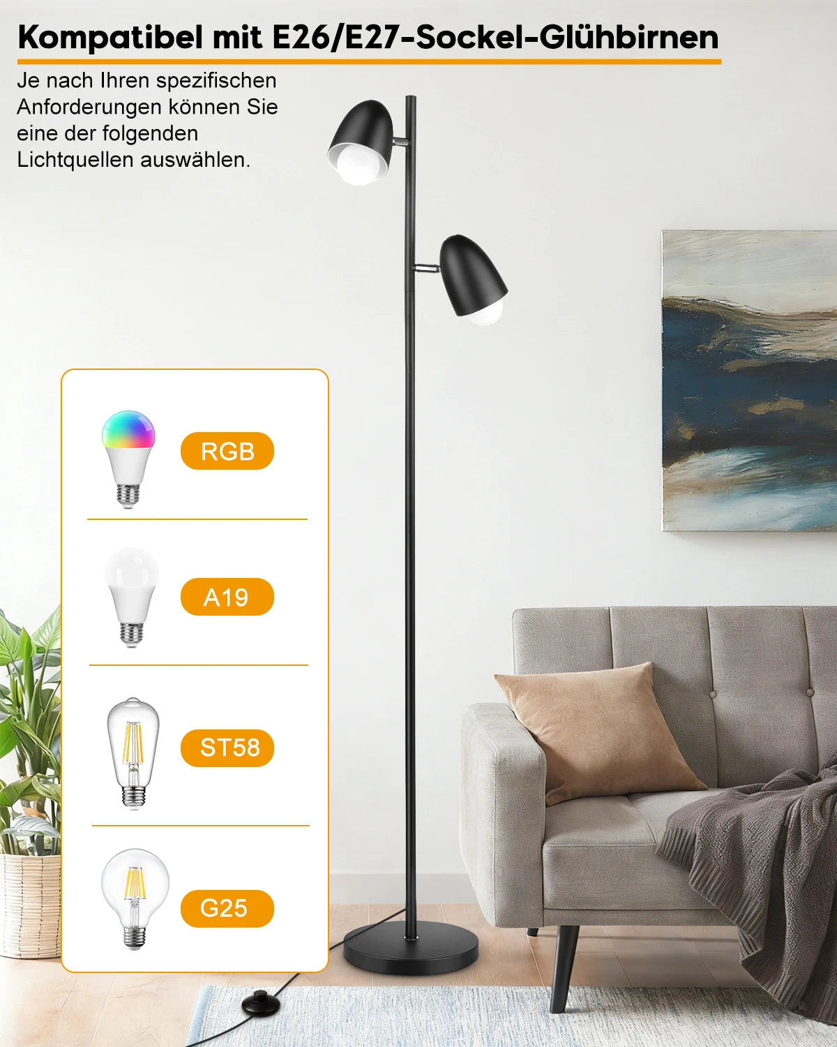 Lampadaire noir à deux têtes orientables, 163 cm, ampoules fournies