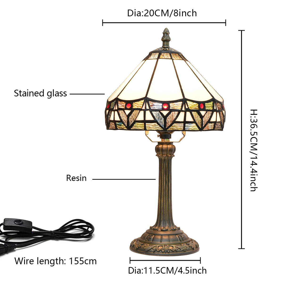 Petite lampe de chevet Tiffany en vitrail blanc, frise de feuilles
