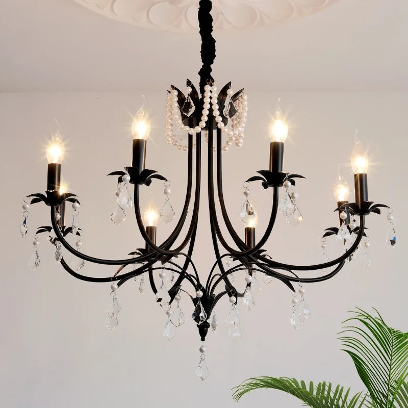 Lustre noir à perles et pampilles de style français, bougies E14